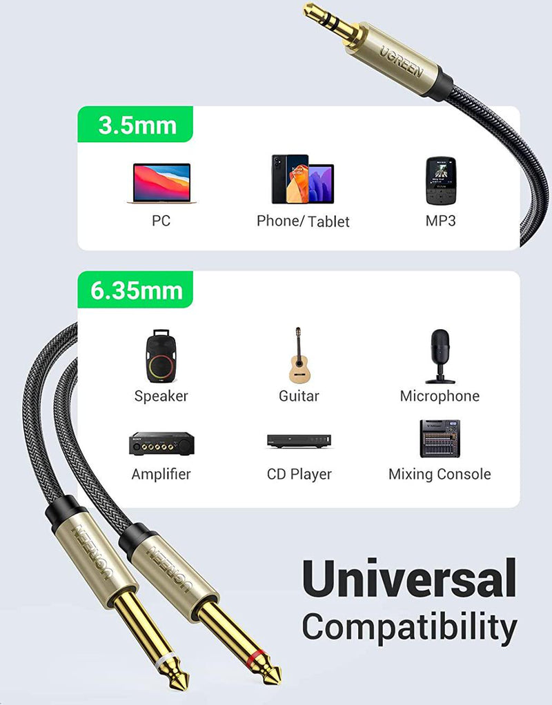 UGREEN 3.5mm 1/8 TRS to Dual 6.35mm 1/4 TS Mono Stereo Y-Cable Splitter Cord Compatible for iPhone, iPod, Computer Sound Cards, CD Players, Multimedia Speakers and Home Stereo Systems 3FT