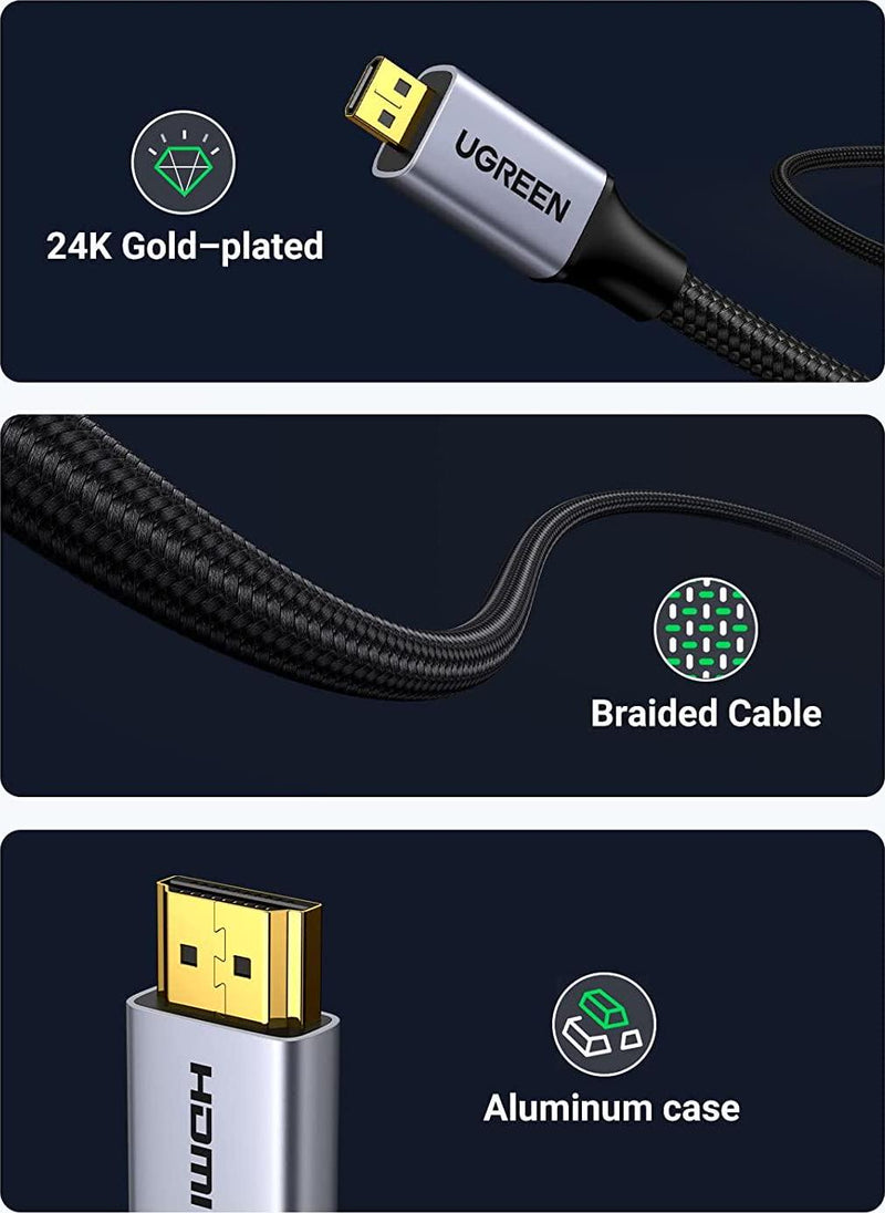 UGREEN 4K Micro HDMI to HDMI Cable 2M Adapter, Braided Micro HDMI Cable 4K 60Hz Support HDR 3D ARC 18Gbps Compatible for Hero 7 Black Hero 6 5 4 Sony A6000 A6300 Camera Nikon B500 Yoga 3 Pro 6FT