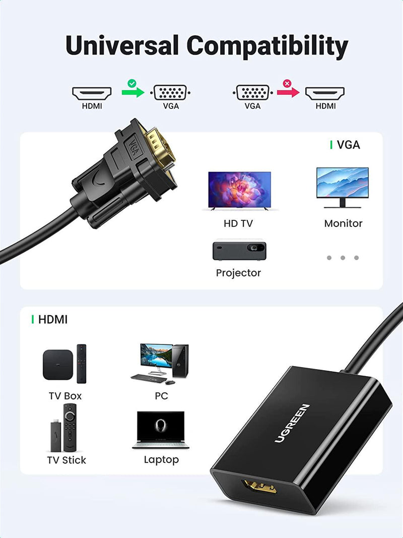 UGREEN Active HDMI to VGA Adapter HDMI Female to VGA Male Converter with 3.5mm Audio Jack 1080P Compatible with Laptop, PC, Roku, Monitor, Xbox, TV Stick, Raspberry Pi, Nintendo Switch