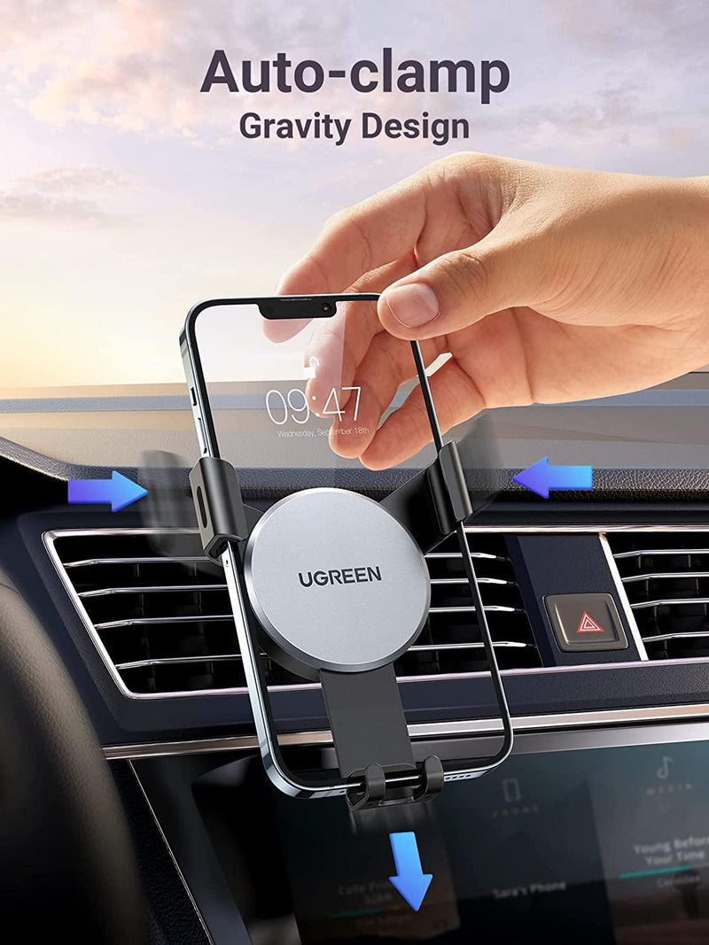 UGREEN Car Air Vent Phone Holder Gravity Phone Cradle Compatible for iPhone 13 12 11 Pro Max SE XR XS X 6S 7 Plus 8 6, Samsung Galaxy S9 S7 Edge S8 S6, Google Pixel 2 XL, LG G6 Smartphone (Grey)
