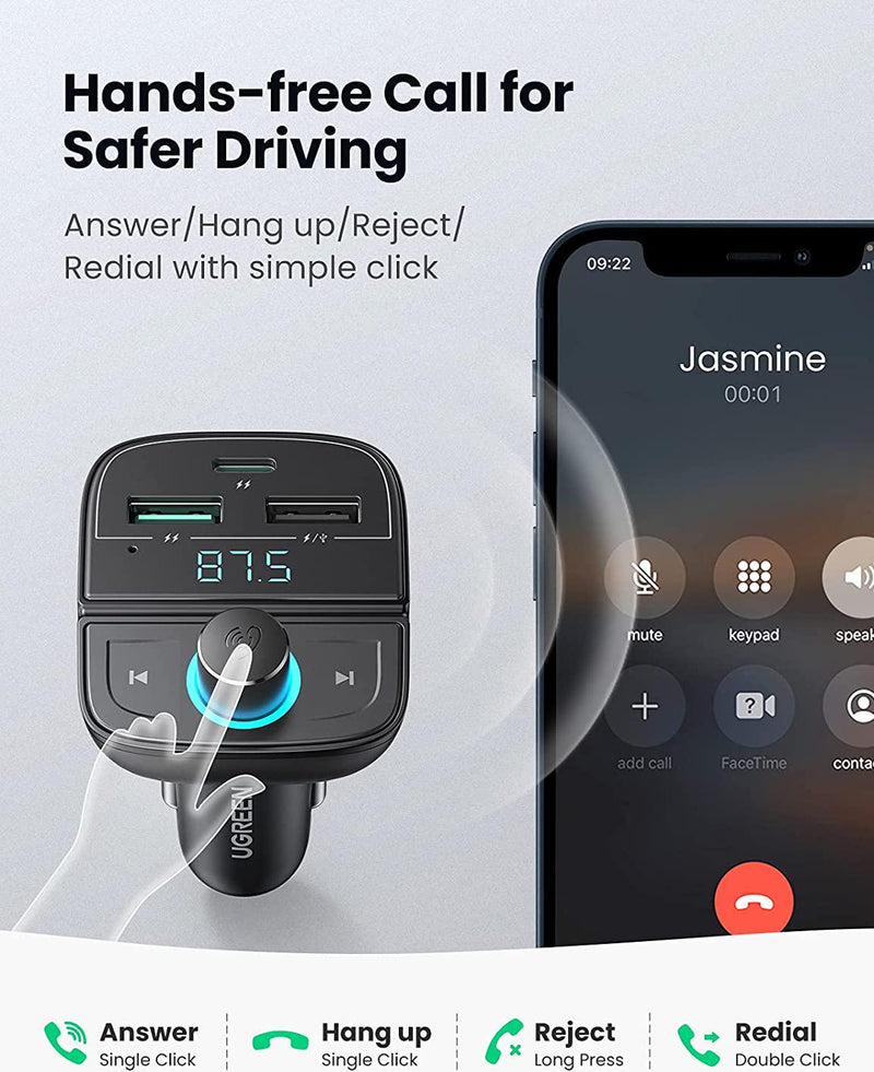 UGREEN Car Bluetooth Adapter - Bluetooth FM Transmitter for Car PD/QC 3.0 Car Charger for iPhone 14/14 Pro/13/11, Support Hand-Free Calling/MP3 Audio Playing/TF&USB Driver/Car Voltage Display