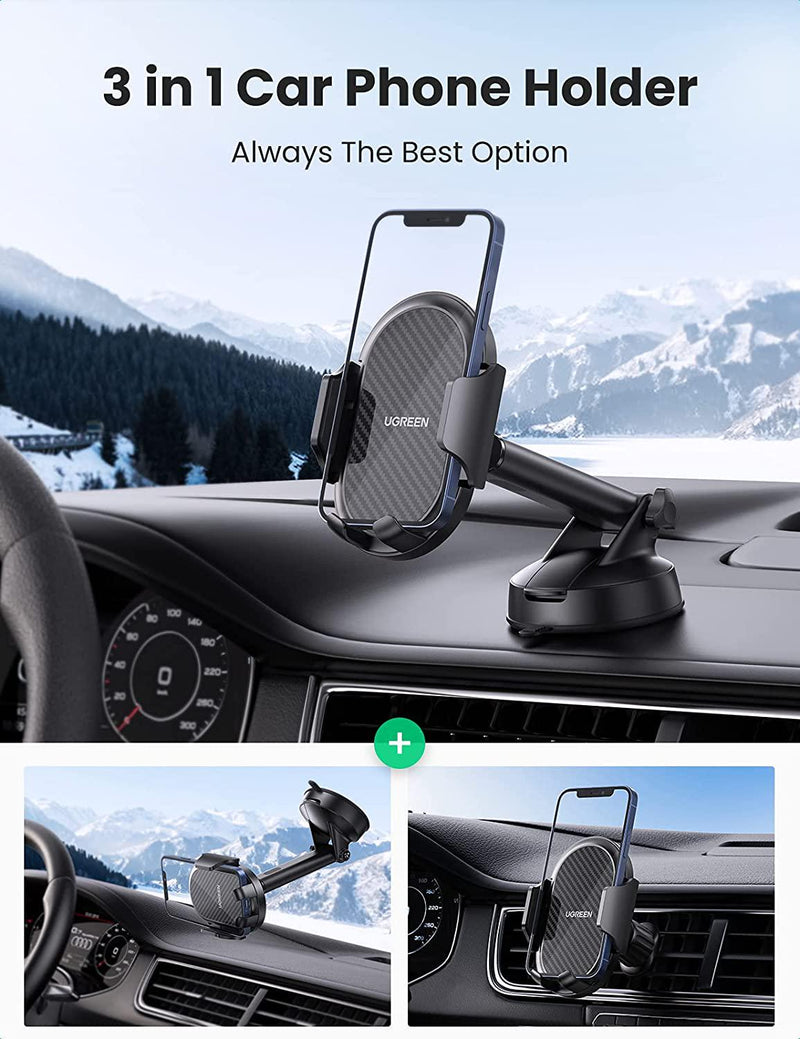 UGREEN Car Phone Holder Mount Cell Phone Dash Windshield Air Vent Mount Compatible with iPhone 12 11 Pro SE XS Max XR X 8 7 6 Plus, Samsung Galaxy S20 S10 S8 Note 10 9