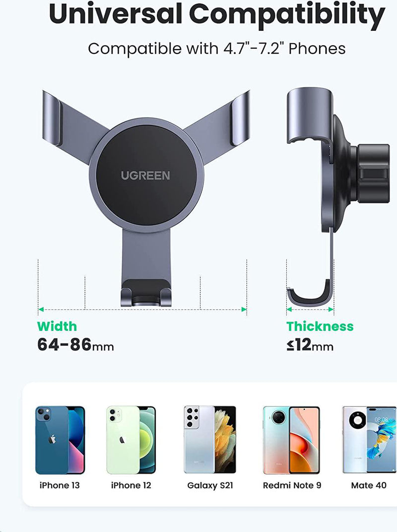 UGREEN Car Phone Holder Mount Gravity Linkage Air Vent Car Mobile Stand Compatible for iPhone 12 12 Mini 12 Pro Max 11 Galaxy a21s a12 M12 S20 s21 Ultra Note 20 Ultra Mate 40pro P30 pro nova7i