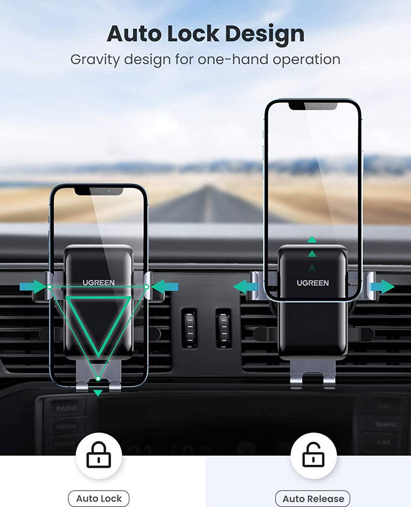 UGREEN Car Phone Holder Gravity Support Round Rotating Vertical Horizontal Class A B Rubber Clamps Compatible with Galaxy S21 Note 20 A20e iPhone 12 Pro Max Se 2020