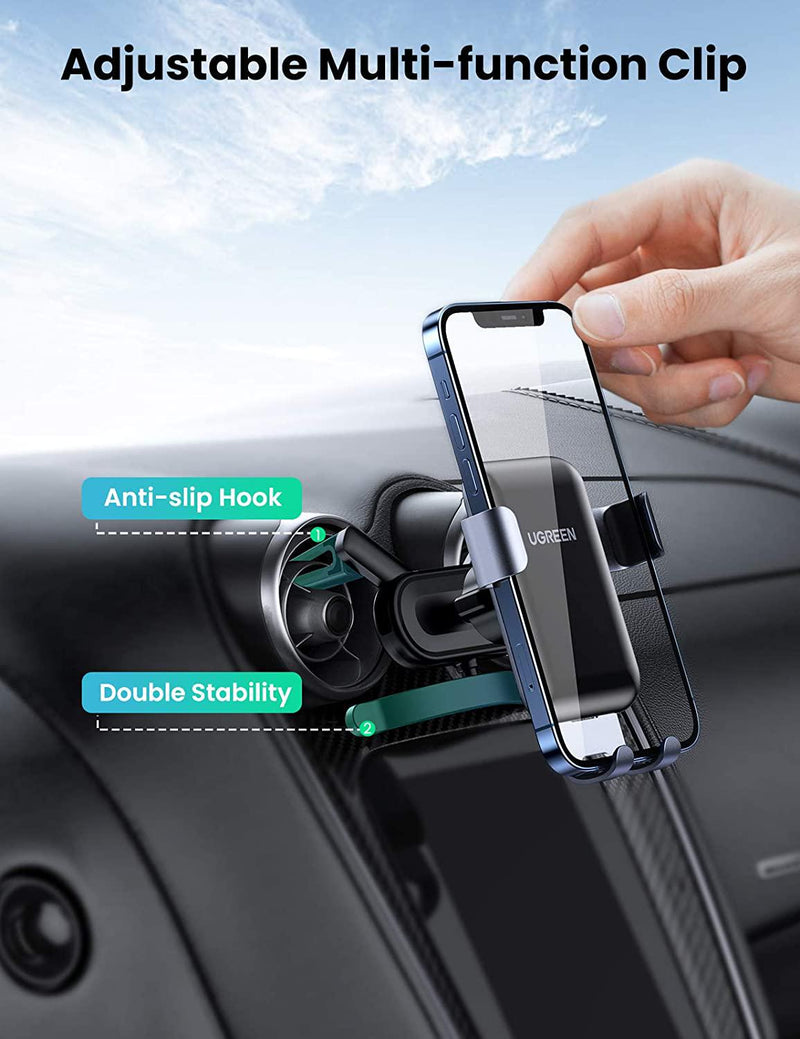 UGREEN Car Phone Holder Gravity Support Round Rotating Vertical Horizontal Class A B Rubber Clamps Compatible with Galaxy S21 Note 20 A20e iPhone 12 Pro Max Se 2020
