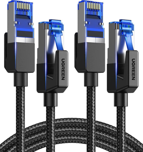 UGREEN Cat8 Ethernet Cable 2 Pack 3FT High Speed 40Gbps 2000Mhz Braided Network Cord Cat 8 RJ45 Shielded Internet Wire Indoor Heavy Duty LAN Cables Compatible with Gaming PC PS5 PS4 Xbox Modem Router