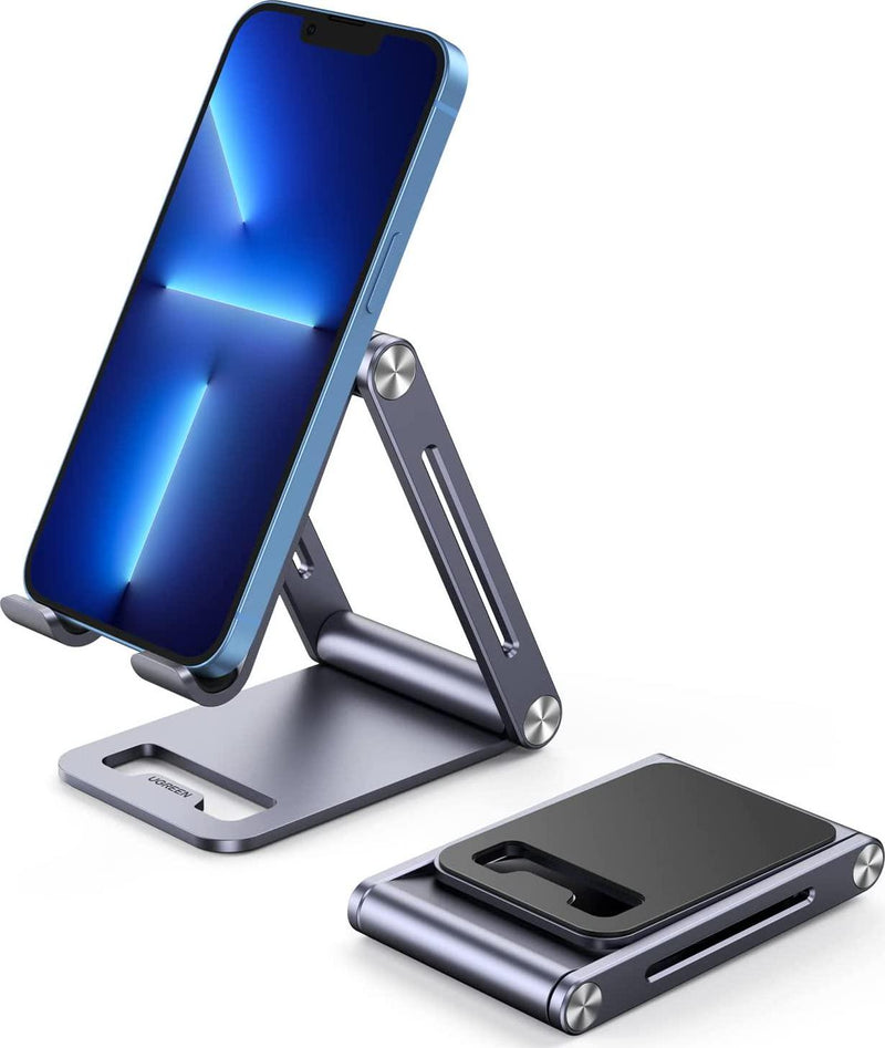 UGREEN Cell Phone Stand Adjustable Aluminum Mobile Phone Holder for Desk Compatible with iPhone 14 Pro Max 13 12 11 X SE XS XR 8 7 6, Samsung Galaxy S22 S21 S20 S10 S9 S8 Smartphone Foldable Grey