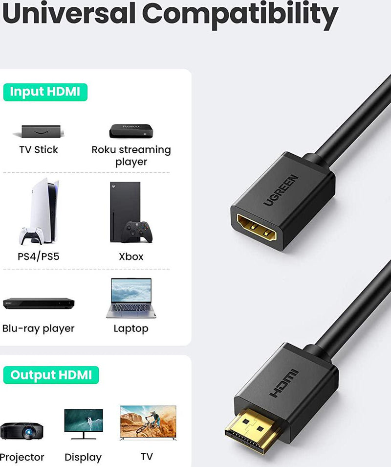 UGREEN HDMI Extension Cable 1M, 4K HDMI Extender Male to Female Compatible with Switch Xbox One S 360 PS5 PS4 Roku TV Stick Blu Ray Player Google Chromecast Wii U HDTV Laptop PC 3FT