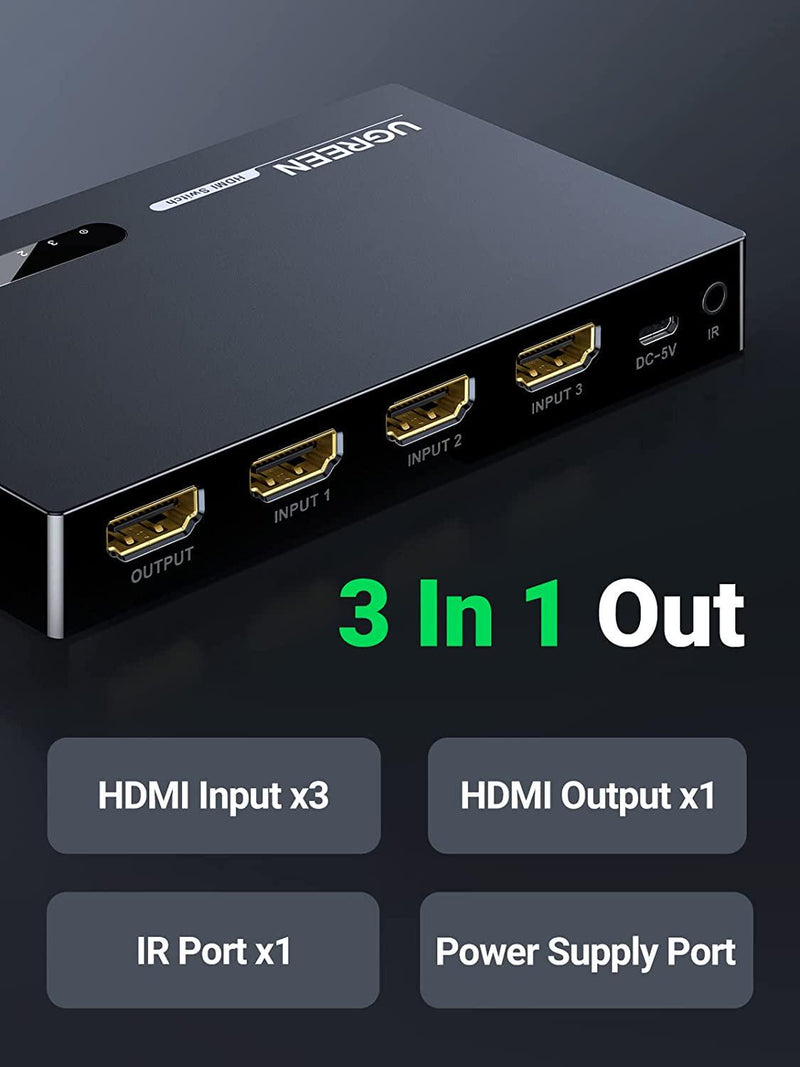UGREEN HDMI Switch 4K 3 in 1 Out HDMI Switcher Splitter Hub 4K Full HD 1080P 3D Compatible with PC Laptop Xbox 360 One PS4 PS3 Nintendo Switch Blu-ray Player Roku Fire Stick with IR Remote Control