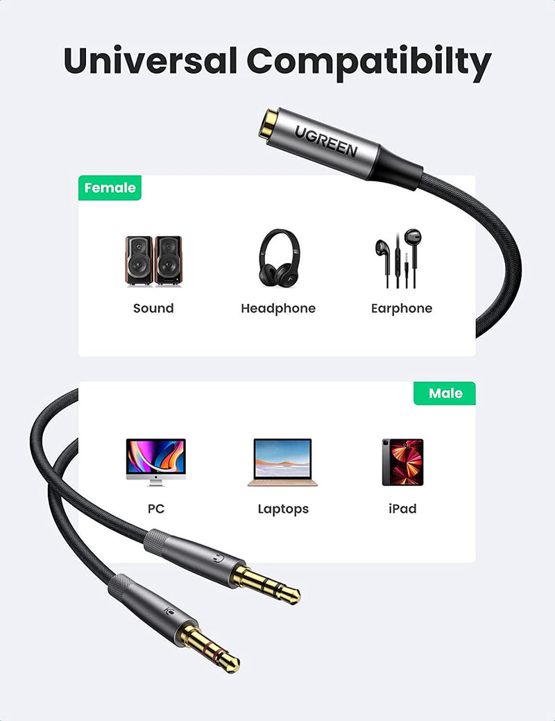 UGREEN Headphone Mic Splitter Adapter 3.5mm 2 Male to Female Smartphone Headset Cable Mic and Speaker Combo to PC Adapter Compatible with Separate Mic and Audio Ports Computer Laptop