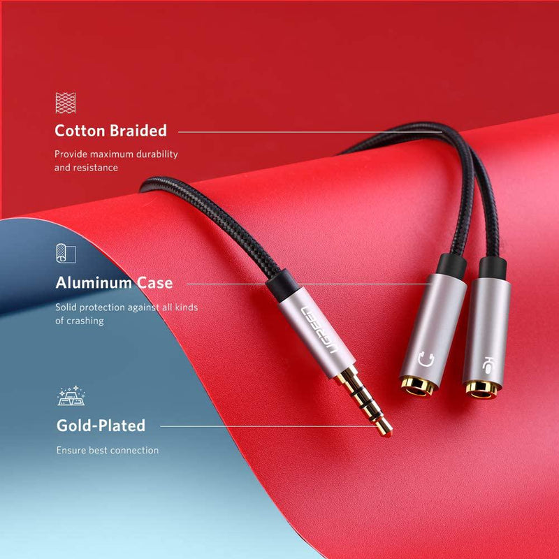 UGREEN Headset Adapter Headphone Mic Y Splitter Cable, 3.5mm Stereo Audio Male to 2 Female Separate Audio Microphone Plugs Compatible for PS4 Controller, Xbox One, Laptop, Phone, PC Gaming Headset