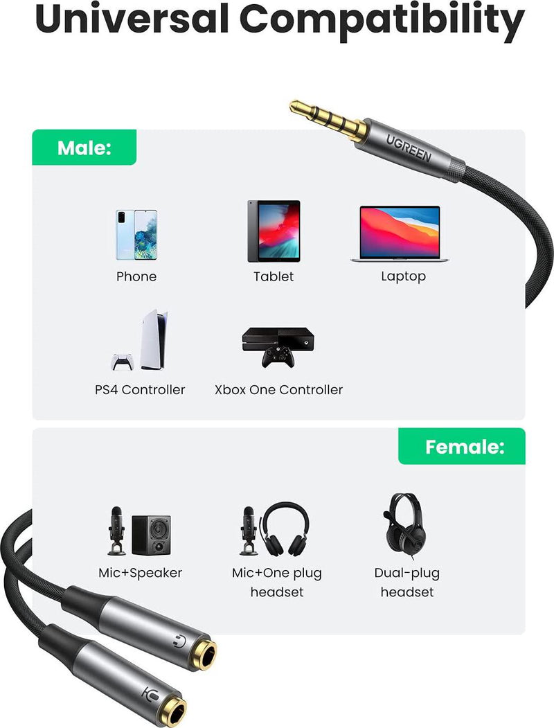 UGREEN Headset Adapter Audio Mic Y Splitter 3.5mm Male to 2 Female Braided Cable with Headphone Microphone Jacks Compatible with PS5 PS4 Xbox One Controller, Phone to Headset, External Mic and Speaker