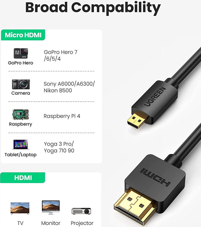 UGREEN Micro HDMI to HDMI 2.0 Cable 1M, 4K 60Hz High Speed HDMI Type D to Type A Adapter Support 3D HDR ARC Ethernet Audio Return Compatible with Raspberry Pi 4, GoPro HERO 7/6/5, Sony Nikon Camera 3FT