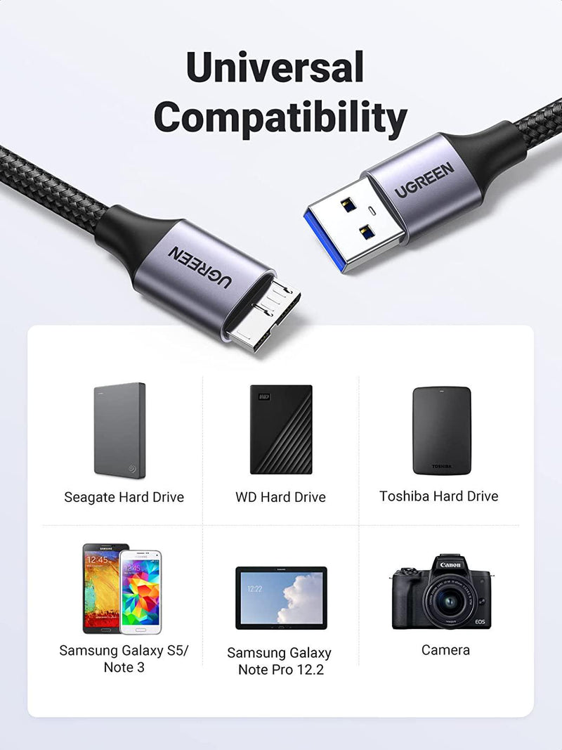 UGREEN Micro USB 3.0 Cable USB 3.0 A Male to Micro B Cable Nylon Braided External Hard Drive Cable Compatible for Samsung Galaxy S5, Note 3, WD Camera, Hard Drive and More (1.5FT)