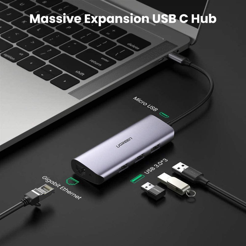 UGREEN USB C Hub Type C to 3 Port USB 3.0 Dock with Gigabit Ethernet Adapter Micro USB Power Compatible with MacBook Pro Air Dell XPS 15 13 Chromebook Pixel Surface Book 2 Samsung S10 S9 Plus S8