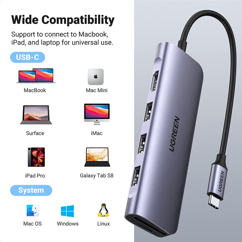 UGREEN USB C Hub, USB C HDMI Adapter 6 in 1 Type C Hub with 4K USB C to HDMI, SD TF Card Reader, 3 USB 3.0 Ports for MacBook Pro 2019/2018/2017, Galaxy Note 10 S10 S9 S8 Plus, Chromebook, XPS Aluminum