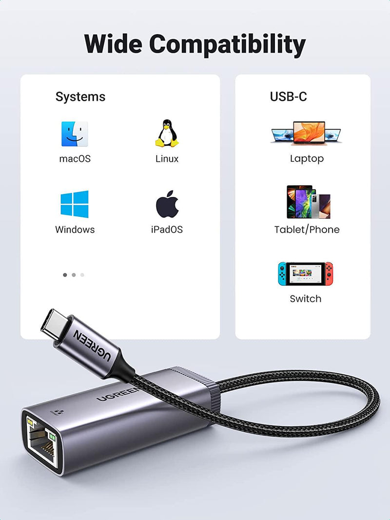 UGREEN USB C Network Adapter Type C Thunderbolt 3 to RJ45 Gigabit LAN Ethernet Adapter Compatible with MacBook Pro, MacBook Air, iPad Pro, Surface Book, Dell XPS, Chromebook, and More