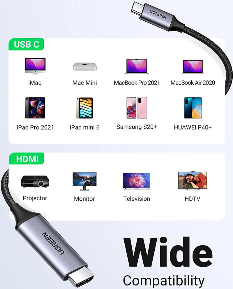 UGREEN USB C to HDMI Cable 4K 60Hz USB Type C to HDMI Thunderbolt 3 Compatible with iMac MacBook Pro MacBook Air 2020/2019, iPad Mini 6/Pro 2020, XPS 13/15, Chromebook, Note20/S21/S20, Mate 30, 6FT