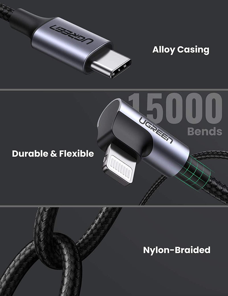 UGREEN USB-C to Lightning Cable Right Angle 90 Degree [2M Apple MFi-Certified] Nylon Braided Cord, Power Delivery Fast Charging Cable for iPhone 14 Pro Max 13 12 SE 11 XS XR 8 Plus, AirPods Pro, iPad