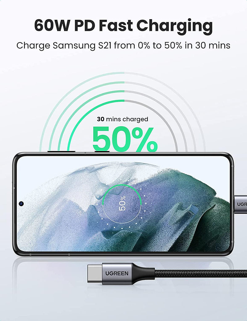 UGREEN USB C to USB C Cable, 60W Type-C PD Fast Charging Cord Compatible with Samsung Galaxy Note 10 S20 S10 S9, Google Pixel 4 3 2 XL, MacBook Air 13 , iPad Pro 2021, Chromebook, Switch, 2M