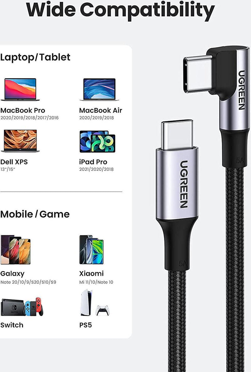 UGREEN USB-C to USB-C Cable Right Angle 100W Type C PD Charging Cord for Apple MacBook Pro Huawei Matebook iPad Pro 2020 Chromebook Pixel 6 Pro Samsung Note 10 S20 S10 Nintendo Switch 2M