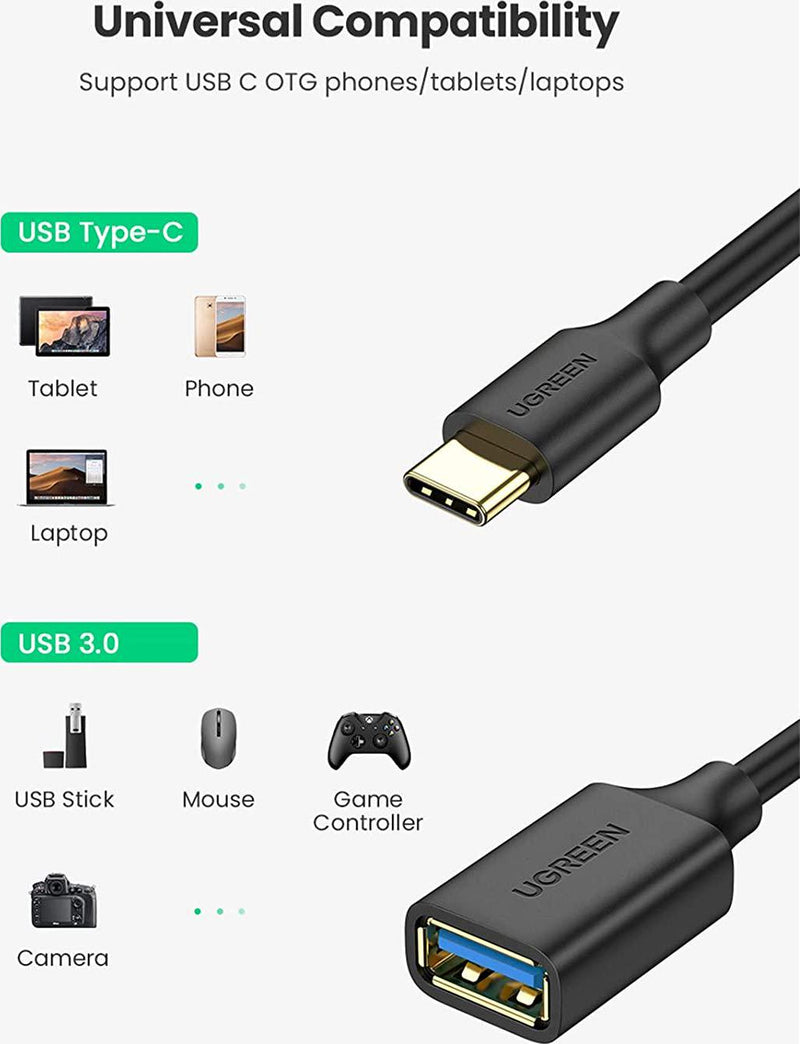 UGREEN USB C to USB Adapter OTG Cable Type C Male to USB 3.0 A Female Connector Compatible with Thunderbolt 3 MacBook, Mac Mini, iPad Pro, iPad Air 4, Galaxy S20 FE S10 S9 S8 A51 A21s Tab S6, Dell XPS