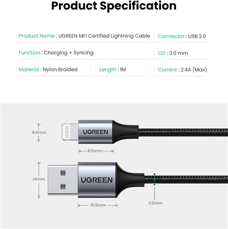 UGREEN iPhone Charger Cable [0.25M Apple MFi Certified] Lightning to USB-A Nylon Braided Cord Compatible with iPhone 14 Pro Max/ 14 Plus/ 13 Pro Max/ 12 Mini/ 11/ XS/XR/8/7/6s, New iPad 9, AirPods Pro