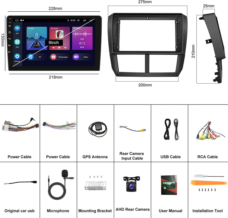 UNITOPSCI Android Car Stereo for Subaru Forester Impreza WRX 2008-2012 CarPlay Android Auto Bluetooth Car Radio 9 Inch HD Touchscreen FM GPS Navigation USB with Backup Camera Microphone