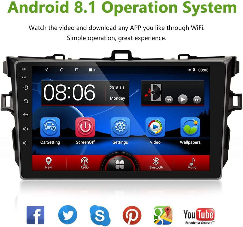 UNITOPSCI Car Stereo Android 8.1 Navigation Stereo for Toyota Corolla 2006-2012 Double Din Car Radio 9&#039;&#039; HD Touch Screen 1G 16G GPS Navigation WiFi Bluetooth FM Radio USB Mirror Link + Backup Camera