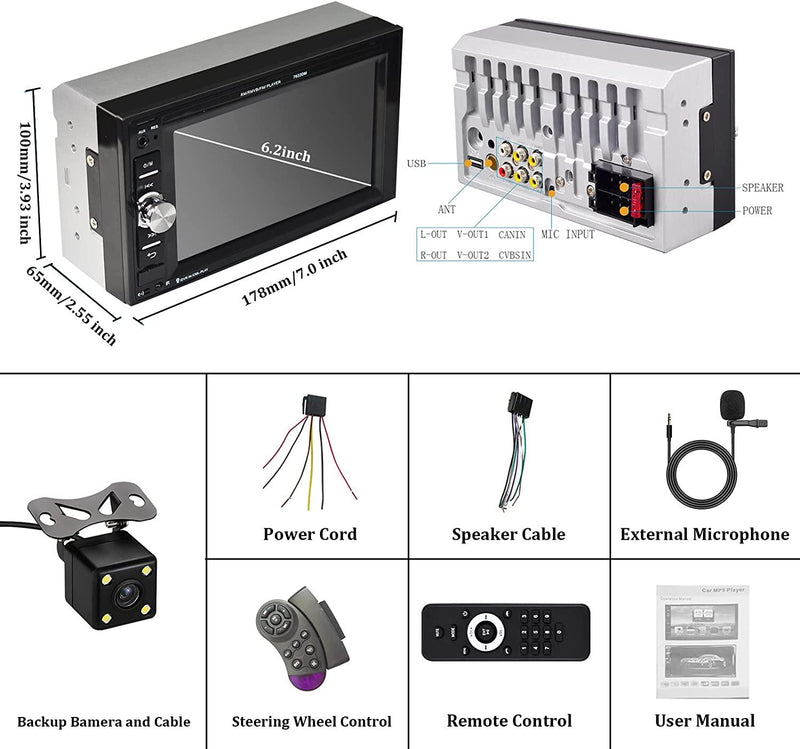 UNITOPSCI Double Din Car Stereo 6.2 Touch Screen with Bluetooth Backup Camera Microphone FM Radio/Auxiliary audio/USB/SD/DVR Input /MP5 Player Supports Phonelink Remote Control Steering Wheel Control