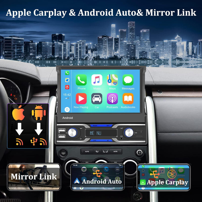 UNITOPSCI Single Din Android 10.1 Car Stereo Compatible with Apple CarPlay Android Auto GPS Navigation 7 Inch Flip Out Touch Screen Bluetooth Car Radio WiFi FM USB AUX Mirror Link with Backup Camera