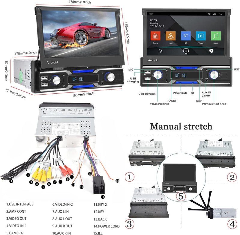 UNITOPSCI Single Din Android 10.1 Car Stereo Compatible with Apple CarPlay Android Auto GPS Navigation 7 Inch Flip Out Touch Screen Bluetooth Car Radio WiFi FM USB AUX Mirror Link with Backup Camera