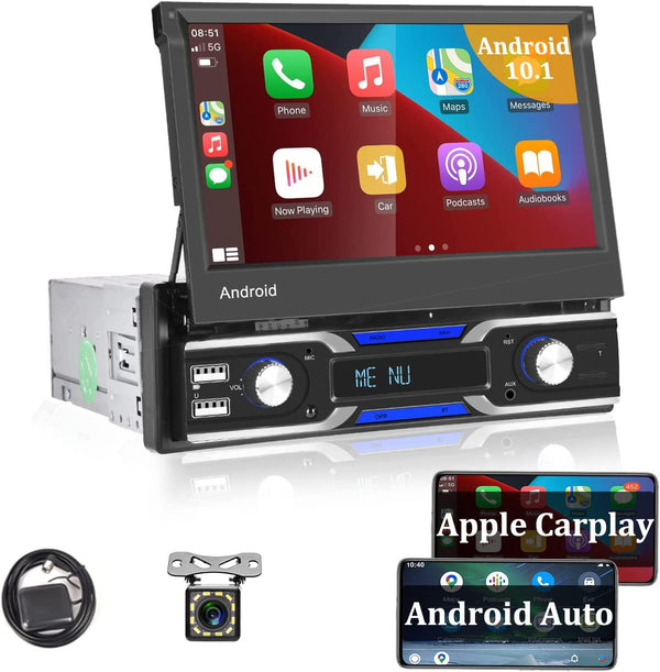 UNITOPSCI Single Din Android 10.1 Car Stereo Compatible with Apple CarPlay Android Auto GPS Navigation 7 Inch Flip Out Touch Screen Bluetooth Car Radio WiFi FM USB AUX Mirror Link with Backup Camera