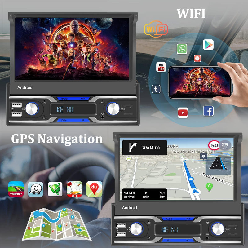 UNITOPSCI Single Din Android 10.1 Car Stereo Compatible with Apple CarPlay Android Auto GPS Navigation 7 Inch Flip Out Touch Screen Bluetooth Car Radio WiFi FM USB AUX Mirror Link with Backup Camera