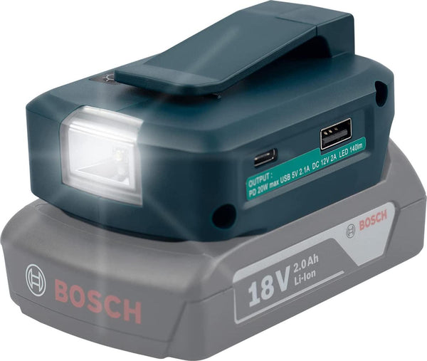 USB Charger Adapter for Bosch Professional 18v Battery Power Bank with 1 USB and 18W PD USB C and 12V DC Output Powering + LED Work Light-Varies Mode (Tool Bare, Battery is not Included)