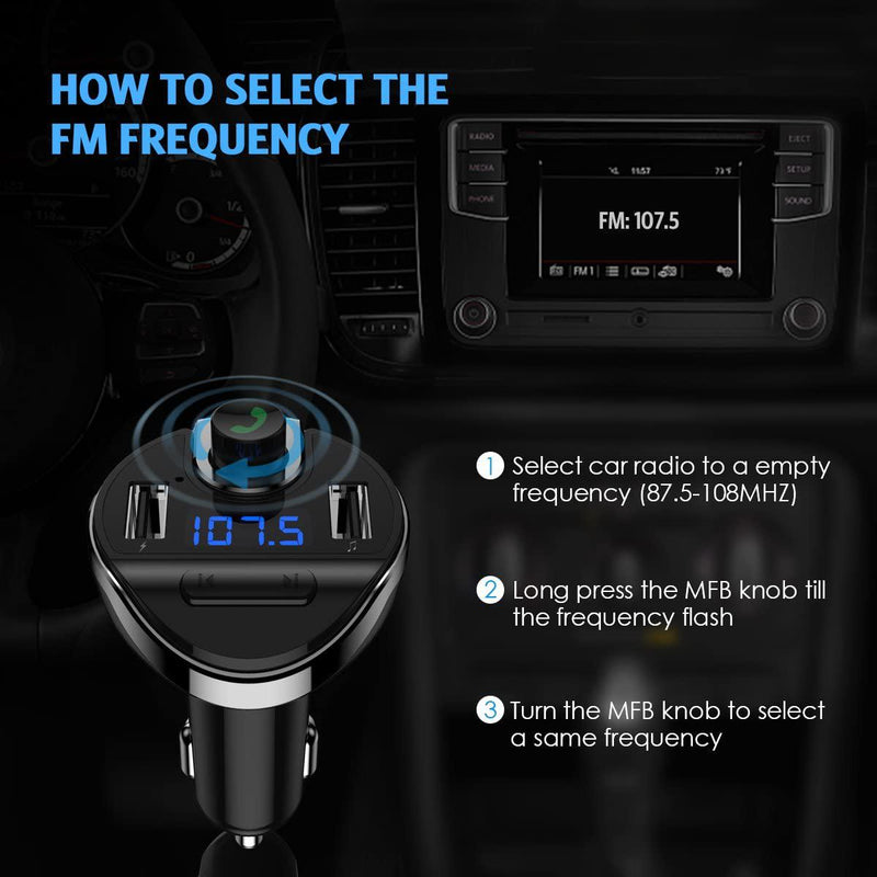 (Upgraded Version) Bluetooth FM Transmitter for Car, Wireless FM Radio Transmitter Adapter Car Kit, Dual USB Charging Ports, Hands Free Calling, U Disk, TF Card MP3 Music Player