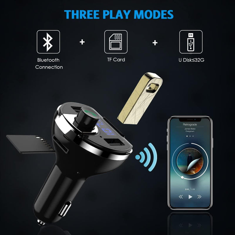(Upgraded Version) Bluetooth FM Transmitter for Car, Wireless FM Radio Transmitter Adapter Car Kit, Dual USB Charging Ports, Hands Free Calling, U Disk, TF Card MP3 Music Player