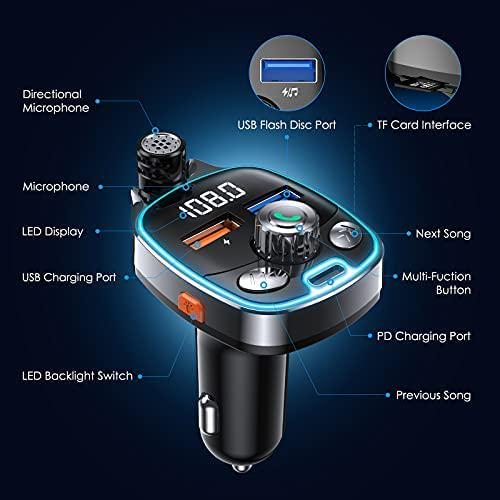 (Upgraded Version) Bluetooth FM Transmitter for Car, Wireless Bluetooth FM Transmitter Radio Dual-Port QC3.0+PD 18W Fast Charger with Hands-Free Calling for All Smartphones