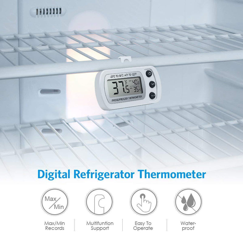 (Upgraded Version) Waterproof Refrigerator Fridge Thermometer, Digital Mini Freezer Thermometer, Max/Min Record Function, LCD Display, / Switch, for Kitchen, Home, Restaurants (White - 2 Pack)