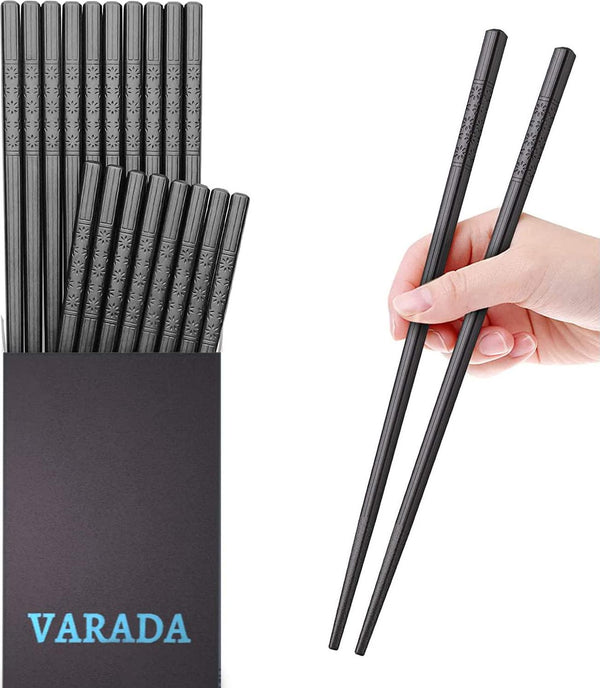 VARADA 10 Pairs Reusable Fiberglass Chopsticks - Dishwasher Safe, Non-Slip Chop Sticks for Training and Cooking, Korean Japanese Chopstick Kitchen Gift Set - 24 cm