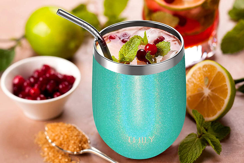 Stainless Steel Insulated Wine Tumbler - THILY Stemless Wine Glass with  Sliding Lid and Straw, Cute Travel Cup Keep Coffee and Cocktails Cold,  Gifts