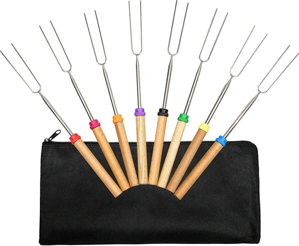 ValueHall Marshmallow Roasting Sticks 8 Pack Hot Dog Fork 32 Inch Telescoping Smores Skewers with Wooden Handle Extendable Stainless Steel Forks with Portable Bag for Campfire and Fire Pit V4A05