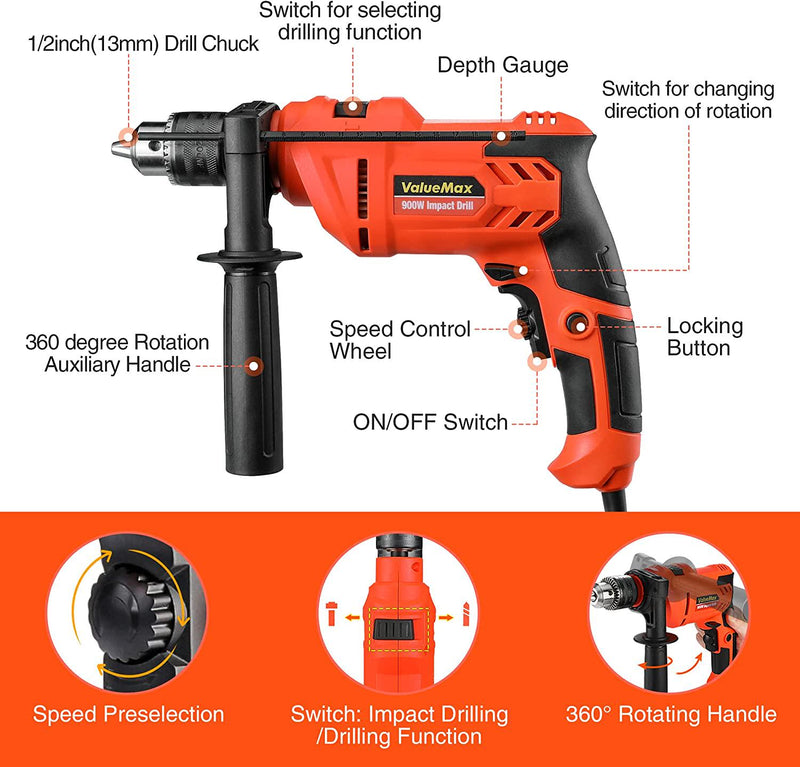 ValueMax Hammer Drill, 900W Dual Purpose Electric Corded Drill, Variable Speed, 1/2&#039;&#039;(13mm) Chuck, Impact Drill with 3pcs HSS Drill Bits and 2pcs Cement Drill Bits, Ideal for Home, Garden, DIY etc