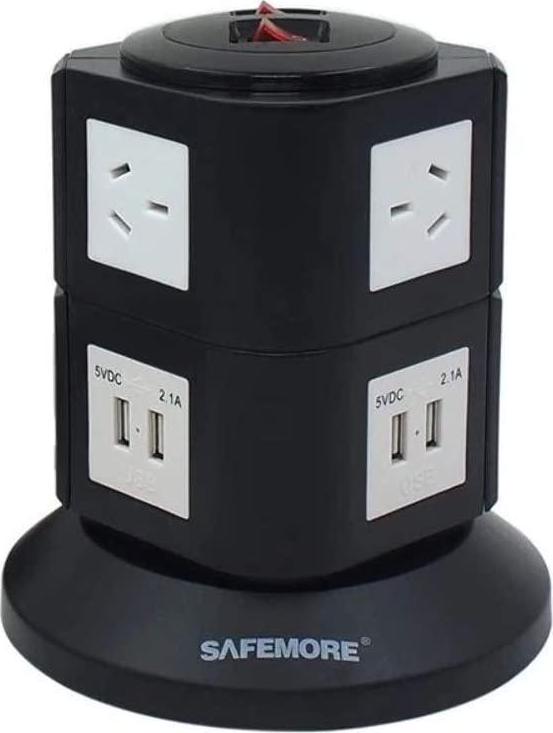 Vertical Power Board with 4 USB Ports and 6 Plugs, Black and White, (SM-GL2U002)