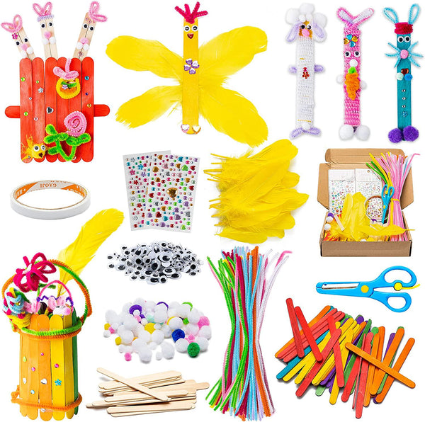 WATINC 280Pcs EasterÂ WoodenÂ DIYÂ ArtsÂ CraftÂ Kit for Kids Make Your Own Bunny Chick Wood Crafts Wooden Stick Pompoms Pipe Cleaners Feather Wiggle Googly Eyes Crystal Stickers Easter Gift Party Supplies