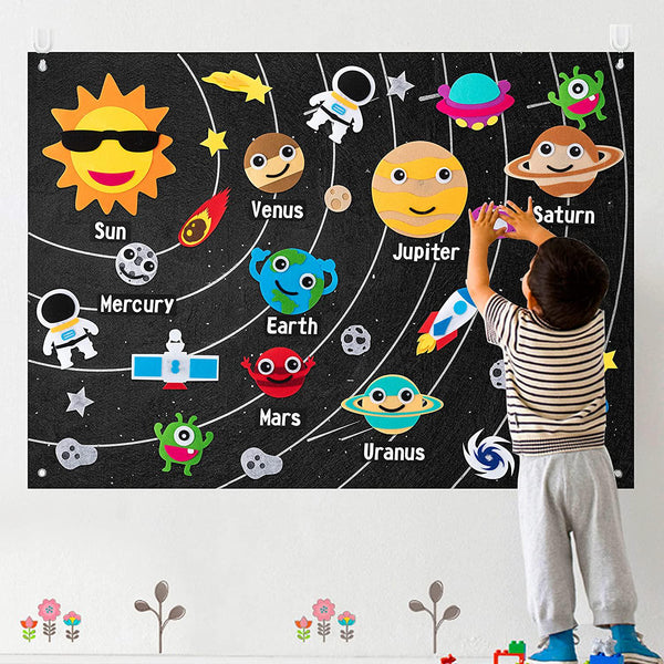 WATINC 35Pcs Outer Space Felt Board Story Set 3.5 Ft Solar System Universe Storytelling Flannel Interactive Play Kit with Hooks Astronaut Planets Alien Galaxy Reusable Wall Hanging Gift for Boys Girls
