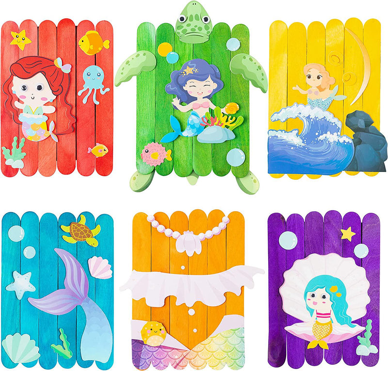 WATINC 6 Packs of Mermaid Wooden Stick Craft Paint Your Own Mermaid DIY Art Project 36Pcs Colored Popsicle Sticks with Mermaid Cut-Outs Party Favors Decorations Classroom Art Supplies for Kids Girls