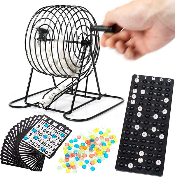 WYZworks Deluxe Bingo Game Set with Metal Rotary Cage, Calling Board, 75 Bingo Balls, Playing Cards and 150 Chips