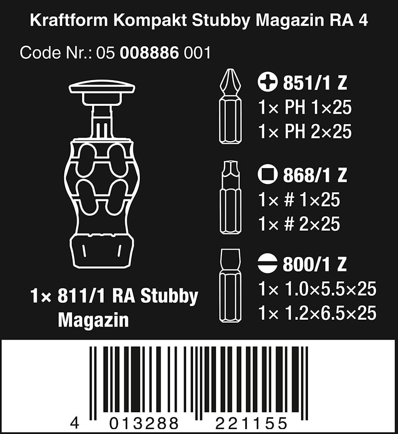 Wera 05008883001 Kraftform Kompakt Stubby Magazine RA 1, Stubby Ratchet Screwdriver with Bit Magazine, 6 Pieces
