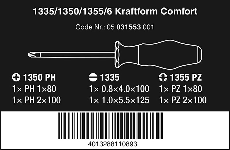 Wera 1335/1350/1355/6 Screwdriver Set Kraft Form Comfort 6 Pieces, 6 Pieces